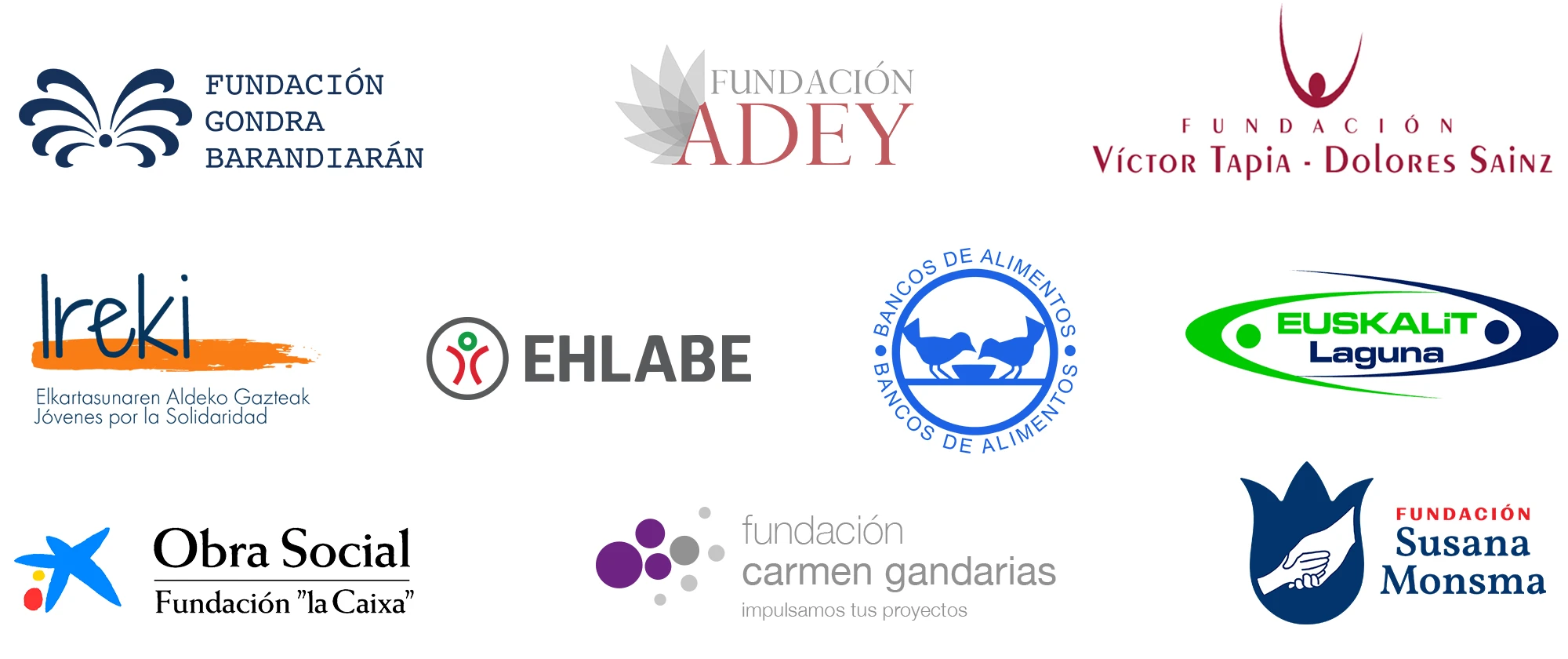 Logotipos de nueve entidades que colaboran con Centro Rafaela María para la integración sociolaboral de personas con discapacidad - Fundación Gondra Barandiaran, Fundación ADEY, Fundación Víctor Tapia - Dolores Sainz, Fundación Ireki, EHLABE, Banco de Alimentos, Euskalit, Obra Social Fundación “La Caixa”, Fundación Carmen Gandarias y Fundación Susana Monsma.